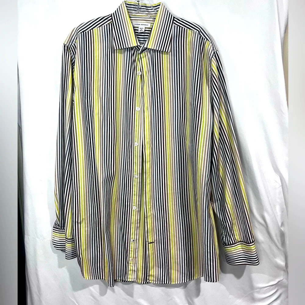 Banana Republic Striped Yellow Green and Brown Men's Shirt size large